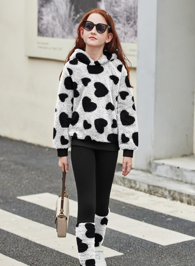 Arshiner Toddler Girls 2 Piece Outfits Fluzzy Heart Pullover Print Hoodies and Black Leggings Pants Winter Clothing Sets - Image 4