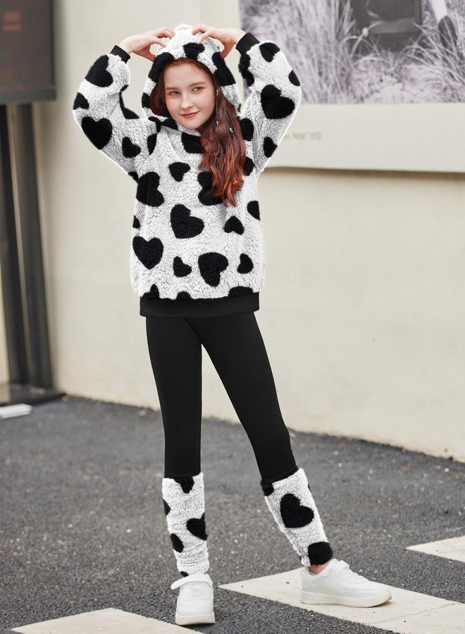 Arshiner Toddler Girls 2 Piece Outfits Fluzzy Heart Pullover Print Hoodies and Black Leggings Pants Winter Clothing Sets - Image 3