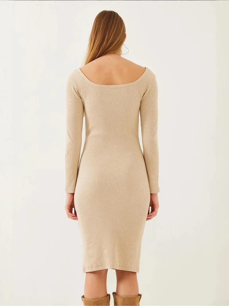 Bianco Lucci Beige Natural LUCCI Textured Ribbed Midi Dress with Square Collar for Women | Best Price UAE