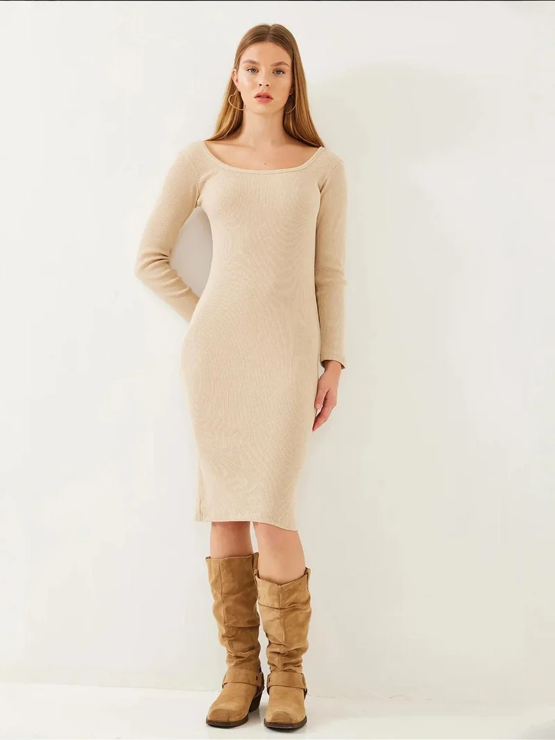 Bianco Lucci Beige Natural LUCCI Textured Ribbed Midi Dress with Square Collar for Women | Best Price UAE