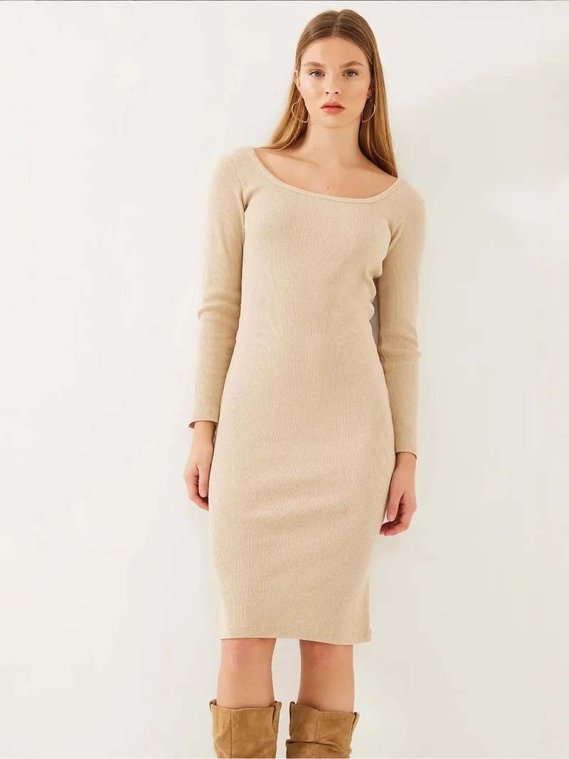 Bianco Lucci Beige Natural LUCCI Textured Ribbed Midi Dress with Square Collar for Women | Best Price UAE