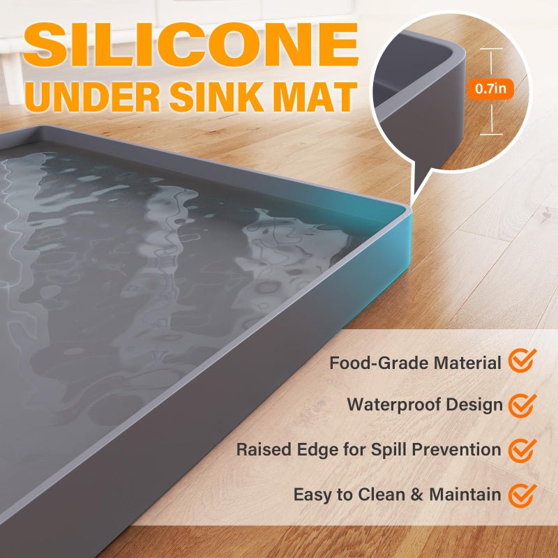 FLATO Waterproof Under Sink Mat 34" x 19" Shelf Liner for Kitchen and Bathroom, Cabinet Protector, Organizers and Storage, Flexible Silicone Drip Tray - Image 2