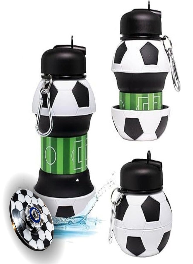 SOLDTRUE Soccer Ball Water Bottle 550 ml. | Collapsible, Leakproof, BPA-Free Sports Bottle/Football Field Design| Reusable Bottleware for Kids & Adults,(with Fidget Spinner& Carabiner Clip) - Image 1