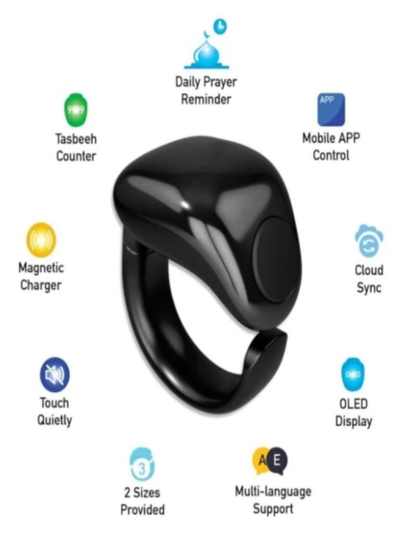 Smart Tasbeeh Ring with OLED Display, 99999 Counter, Prayer Reminder, Type-C Fast Charging, Mobile App & Cloud Sync – Black - Image 5