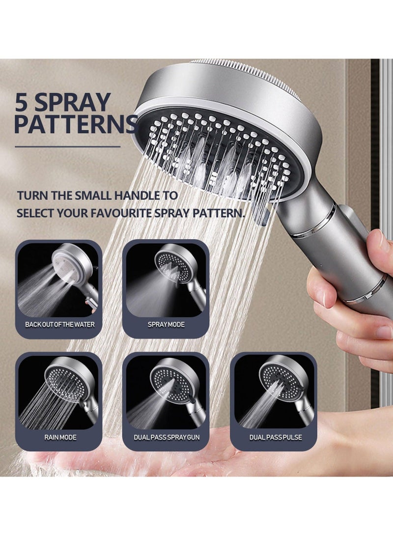 Shower Head with Filter, High Pressure Double-Sided Silicone Body Scrubber, Handheld On/Off Switch, 5 Spray Modes for and Hair Massage (Silver) - Image 3