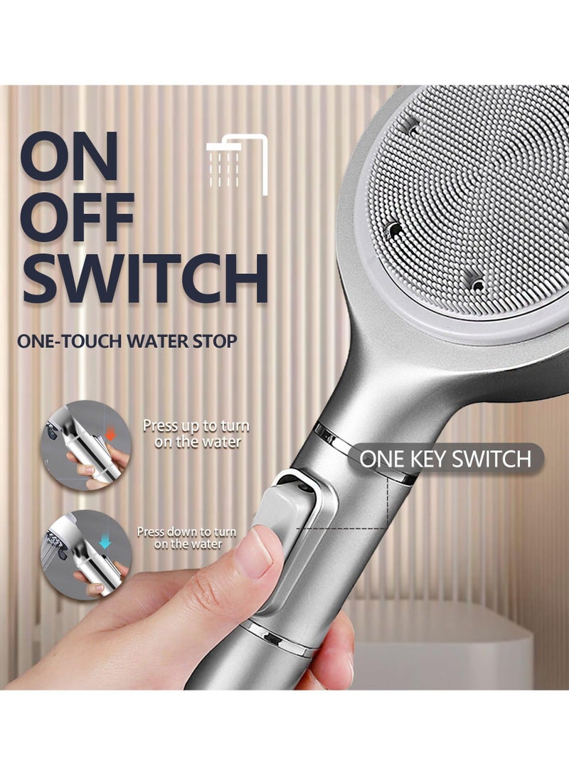 Shower Head with Filter, High Pressure Double-Sided Silicone Body Scrubber, Handheld On/Off Switch, 5 Spray Modes for and Hair Massage (Silver) - Image 4