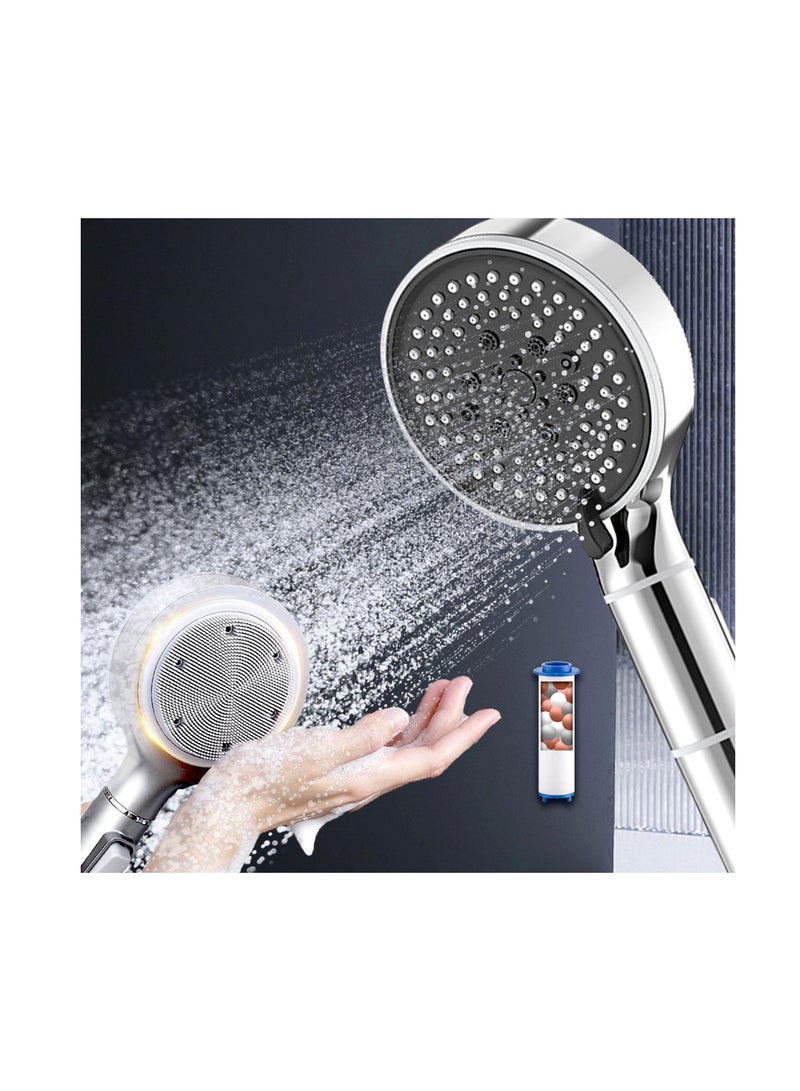 Shower Head with Filter, High Pressure Double-Sided Silicone Body Scrubber, Handheld On/Off Switch, 5 Spray Modes for and Hair Massage (Silver) - Image 1
