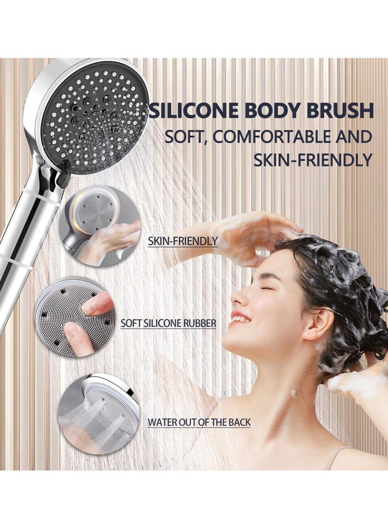 Shower Head with Filter, High Pressure Double-Sided Silicone Body Scrubber, Handheld On/Off Switch, 5 Spray Modes for and Hair Massage (Silver) - Image 2