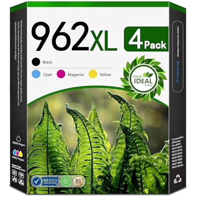 962XL INK CARTRIDGES COMBO PACK REPLACEMENT FOR 962XL 962 INK CARTRIDGES OFFICEJET PRO 9010 9014 9015 9018 9019 9020 9022 9025 9026 PRINTER (4-PACK, BLACK/CYAN/MAGENTA/YELLOW) - Image 1