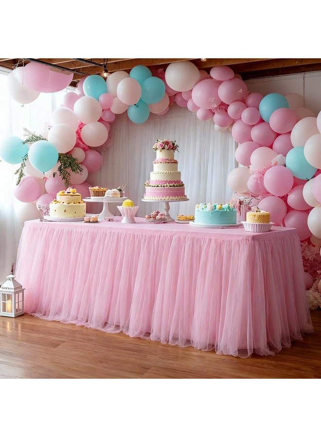 Yoquare 1-Pack Pink 2-in-1 Tulle Tablecloth for 8-Foot Rectangular Table – Stretch Fitted Table Skirt & Cover for Baby Shower, Bridal, Birthday, Princess Party - Image 1
