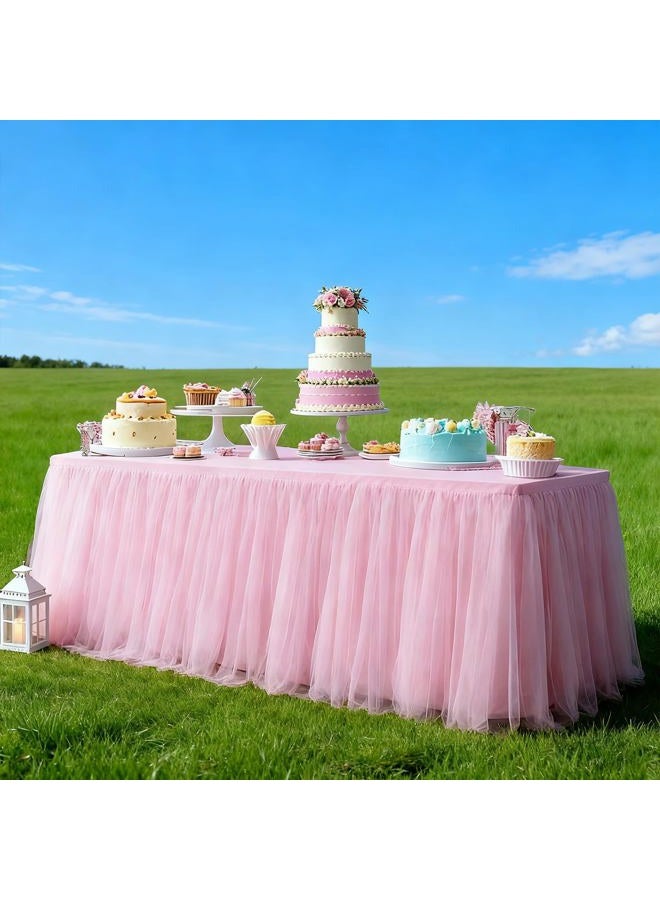 Yoquare 1-Pack Pink 2-in-1 Tulle Tablecloth for 8-Foot Rectangular Table – Stretch Fitted Table Skirt & Cover for Baby Shower, Bridal, Birthday, Princess Party - Image 3
