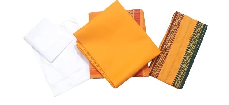 MAMRAJ Men’s 5-Piece Pandit Dhoti Kurta Set | Cotton Outfit with Dark Yellow Border Dhoti, Unstitched Kurta, Angocha, Vest & Hanky | Suitable for Puja, Religious Events & Festivals - Image 4