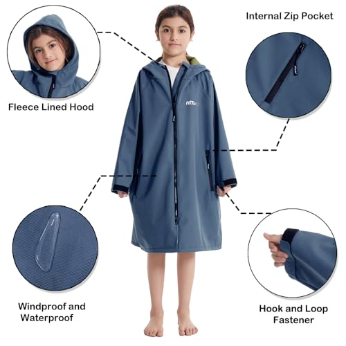 Hiturbo Kids Waterproof Swim Parka: Thin Fleece Swimming Coat - Oversized Swimmer Jacket - Surf Swim Team Outfit (9-13Y, Navy) - Image 3