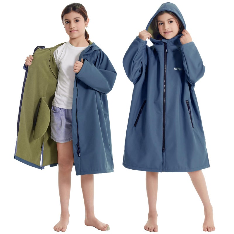 Hiturbo Kids Waterproof Swim Parka: Thin Fleece Swimming Coat - Oversized Swimmer Jacket - Surf Swim Team Outfit (9-13Y, Navy) - Image 2