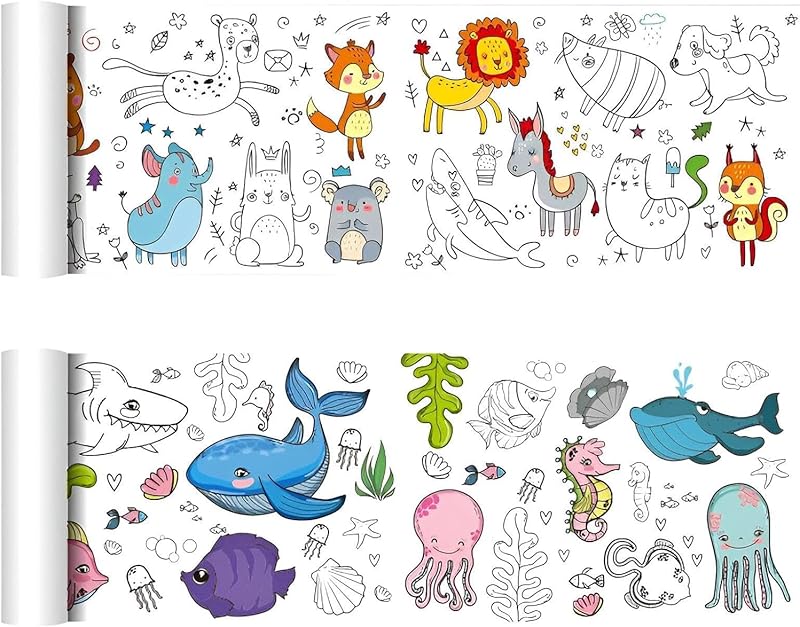 DIY Sticker Coloring Activity Set, Kids Animal and Ocean Theme, Non-Toxic Paper, Easy Peel and Stick