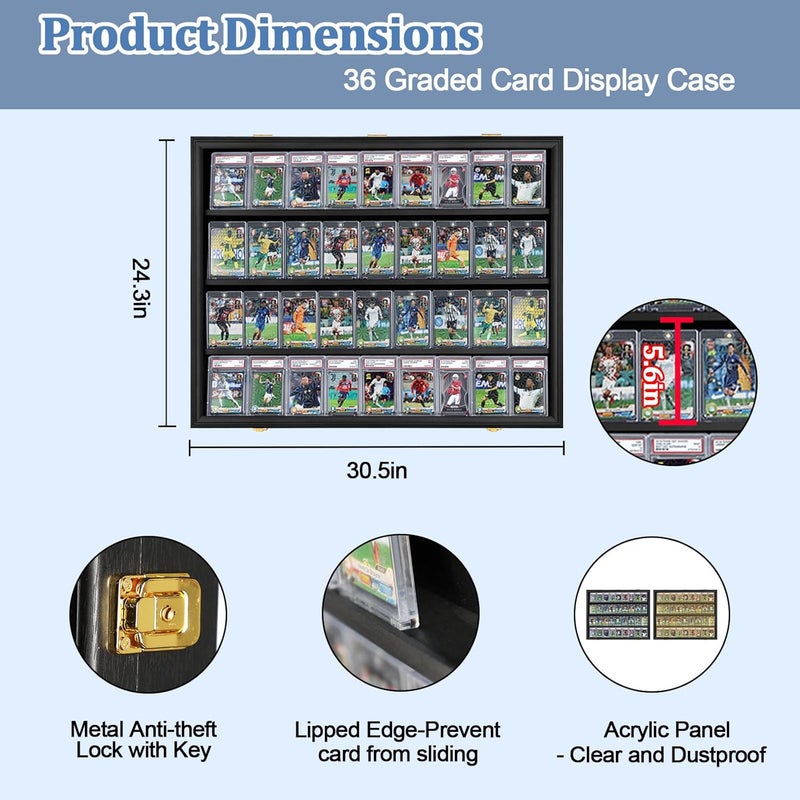 Temgee Graded Sports Card Display Case Lockable,Trading Card Collector Wall Display Holder for Baseball Basketball Football Hockey Cards, UV Protection Acrylic(Black) - Image 2