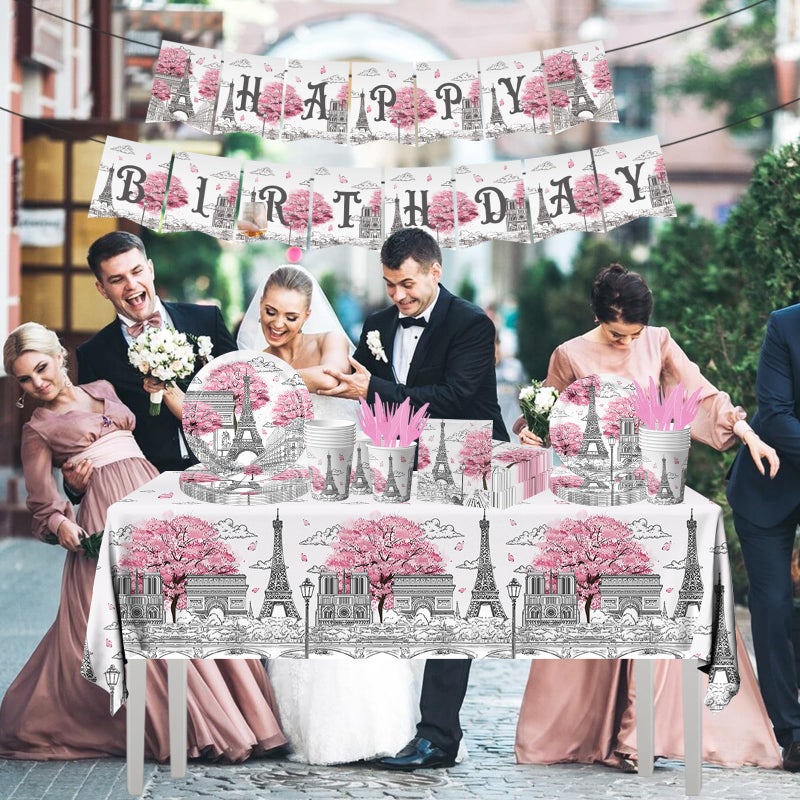 Dydamud Paris Themed Party Decorations - 142PCS Eiffel Tableware Set Include Plates, Napkins, Cups, Tablecloth for Paris Birthday Party Supplies - Image 4