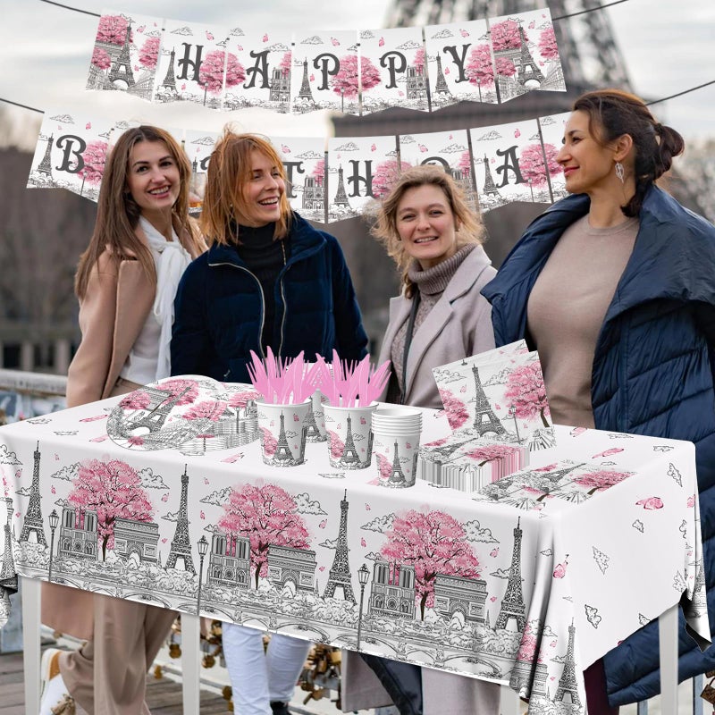 Dydamud Paris Themed Party Decorations - 142PCS Eiffel Tableware Set Include Plates, Napkins, Cups, Tablecloth for Paris Birthday Party Supplies - Image 3