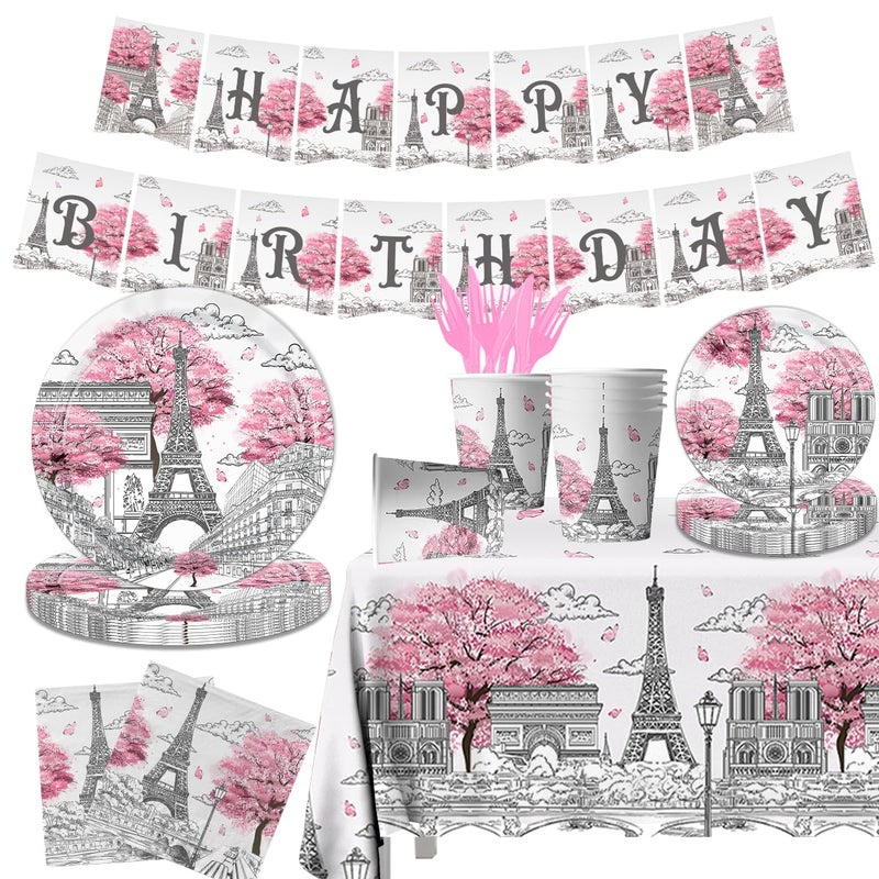 Dydamud Paris Themed Party Decorations - 142PCS Eiffel Tableware Set Include Plates, Napkins, Cups, Tablecloth for Paris Birthday Party Supplies - Image 1
