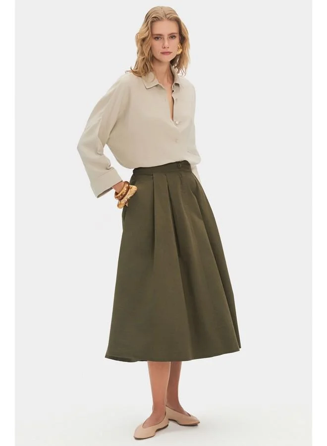 JUNE June Women 100% Cotton Pleated Midi Skirt Khaki