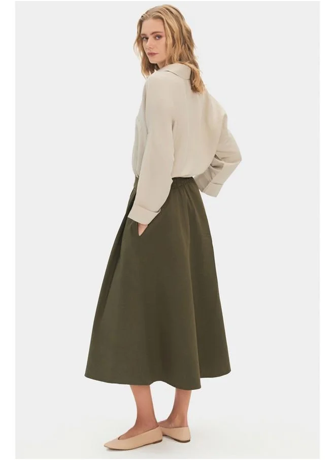 جون June Women 100% Cotton Pleated Midi Skirt Khaki