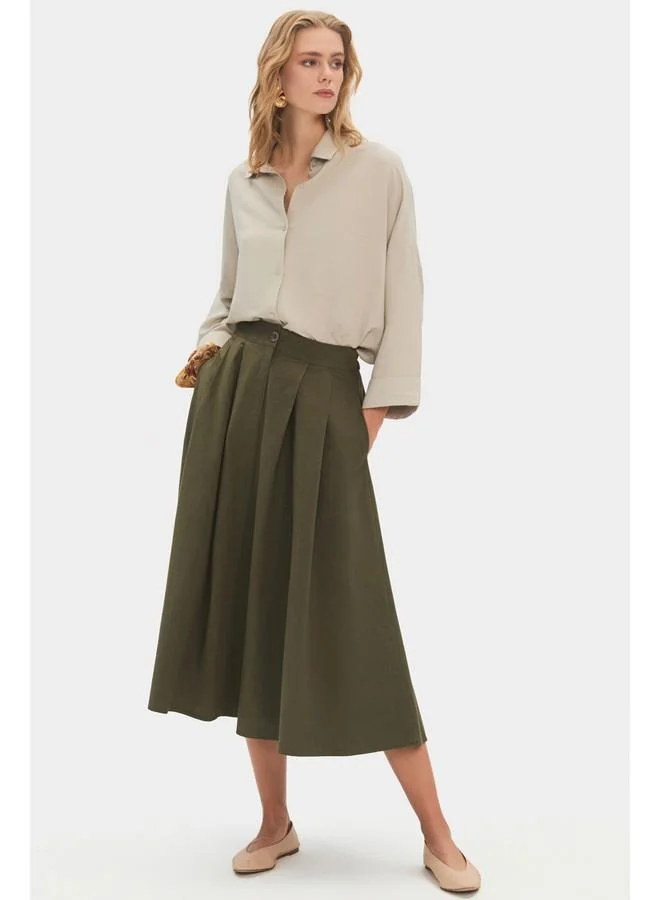 JUNE June Women 100% Cotton Pleated Midi Skirt Khaki