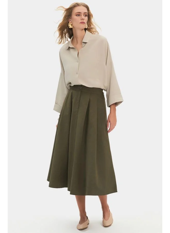 JUNE June Women 100% Cotton Pleated Midi Skirt Khaki