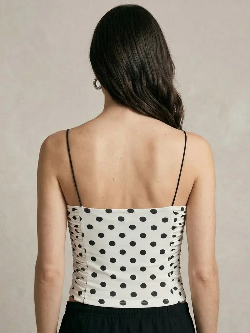 Outzidr  Multi Polka Dot Mesh Ruched Strappy Top for Women | Best Price UAE