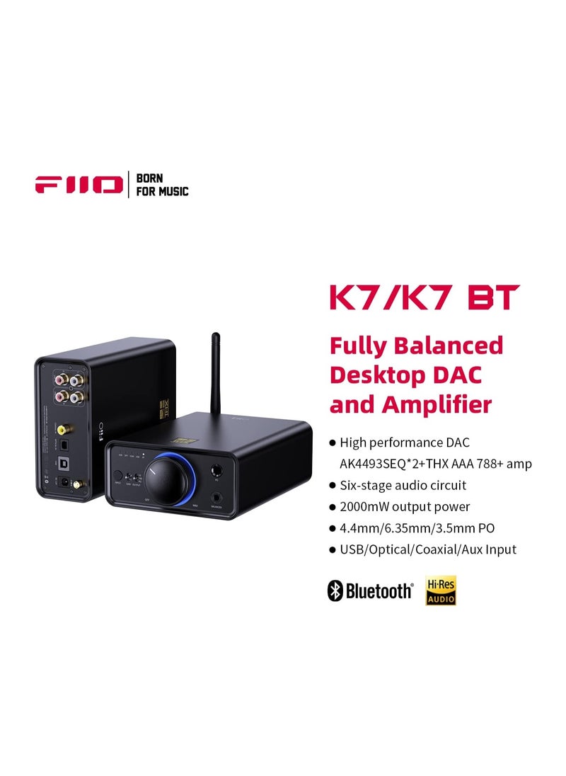 FiiO - FiiO K7BT Balanced HiFi DAC Bluetooth Headphone Amplifier AK4493S*2, XMOS XU208 PCM384kHz DSD256,USB/Optical/Coaxial/RCA Inputs, 6.35mm/4.4mm Output(US Plug) - Image 1