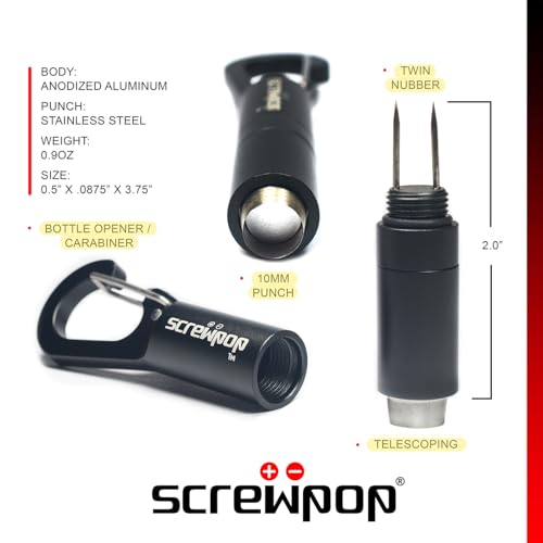 Screwpop Telescoping Cigar Punch 4.0 Ultra-Sharp with Twin Prong Nubber Carabiner Clip Bottle Opener Anodized Black - Image 3