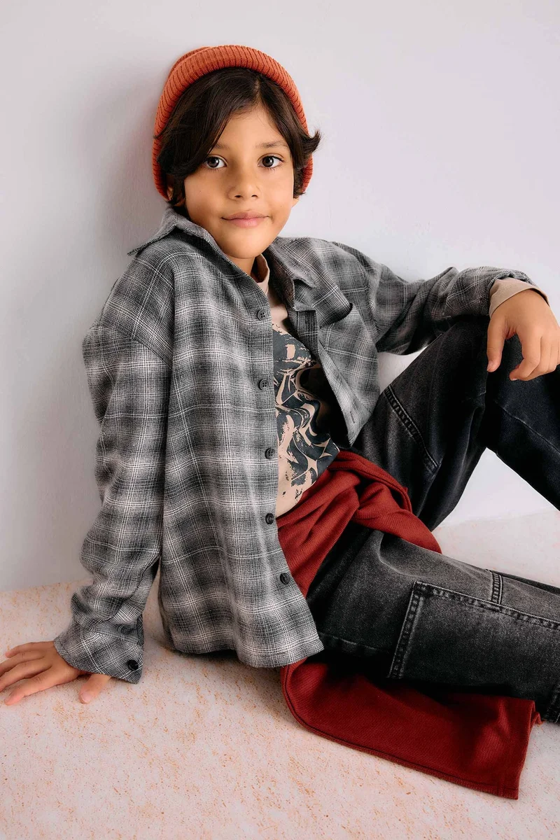Defacto Boy Overshirt Fit Plaid Flannel Polo Shirt