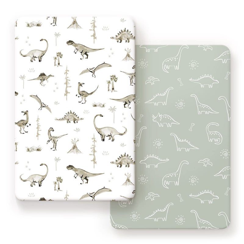 GRSSDER Pack n Play Sheets Fitted 2 Pack Stretchy Ultra Soft Pack and Play Sheets Universal Fitted PortableMini Crib Mattresses Snug and Safe Jersey Crib Sheets for Boys Dinosaurs