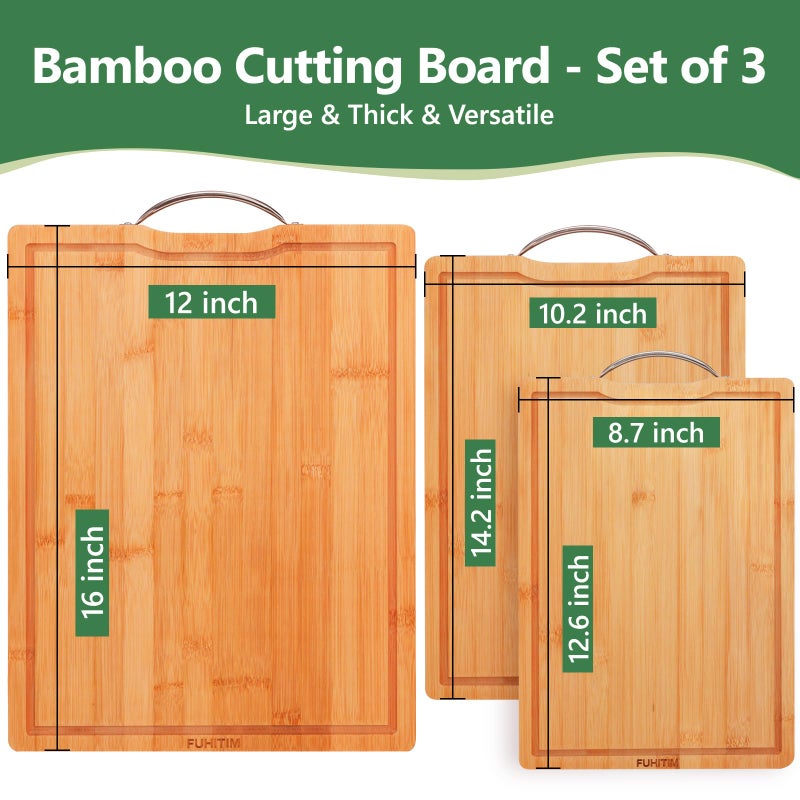 FUHITIM Bamboo Cutting Board, Wooden Cutting Boards for Kitchen with Double Sided Deep Juice Grooves & Wide Handle, Ideal Charcuterie & Chopping Board for Meat, Vegetables and Fruits - Image 2
