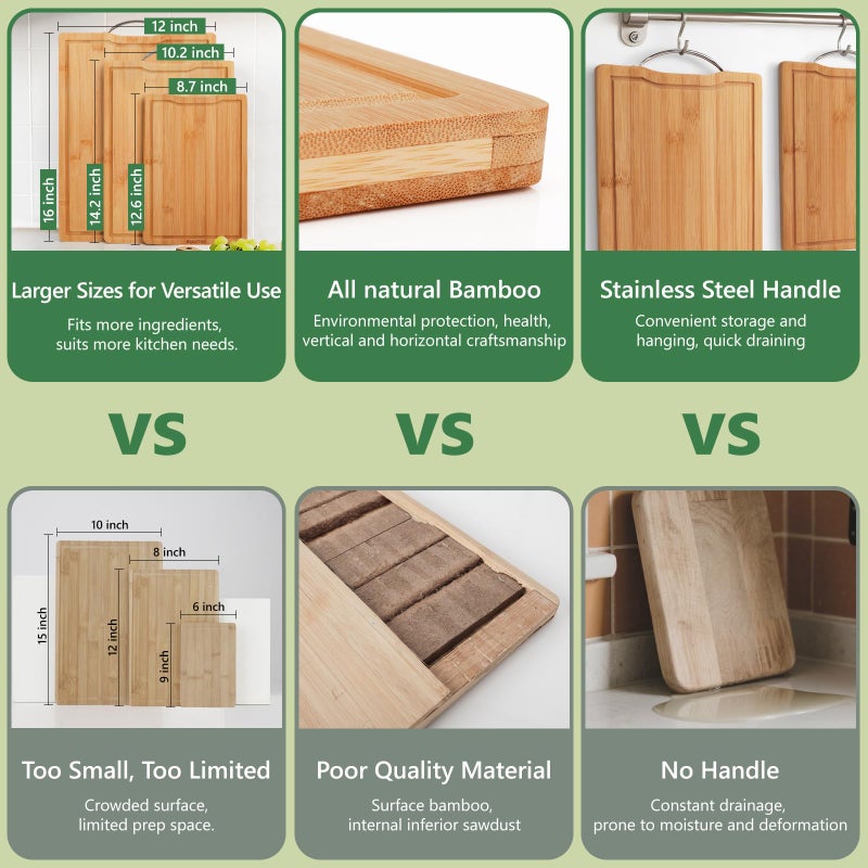 FUHITIM Bamboo Cutting Board, Wooden Cutting Boards for Kitchen with Double Sided Deep Juice Grooves & Wide Handle, Ideal Charcuterie & Chopping Board for Meat, Vegetables and Fruits - Image 5