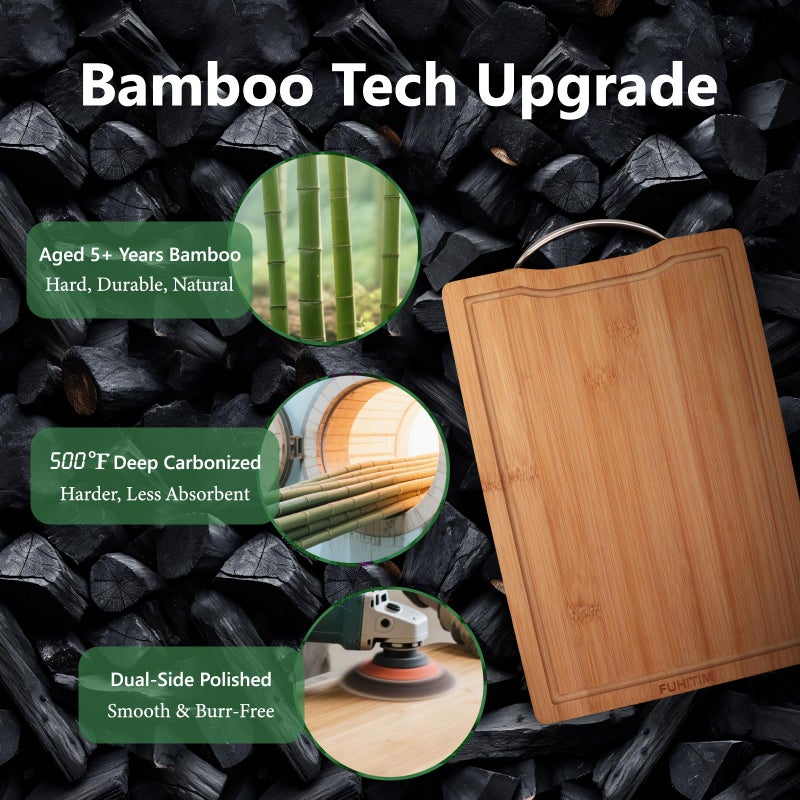 FUHITIM Bamboo Cutting Board, Wooden Cutting Boards for Kitchen with Double Sided Deep Juice Grooves & Wide Handle, Ideal Charcuterie & Chopping Board for Meat, Vegetables and Fruits - Image 4