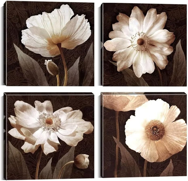 Wall HDQ Brown Wall Art Flowers Canvas Wall Decor for Living Room Bedroom Floral Abstract Painting Pictures Artwork Framed Wall Art Giclee Prints (12x12inchx4) - Image 1