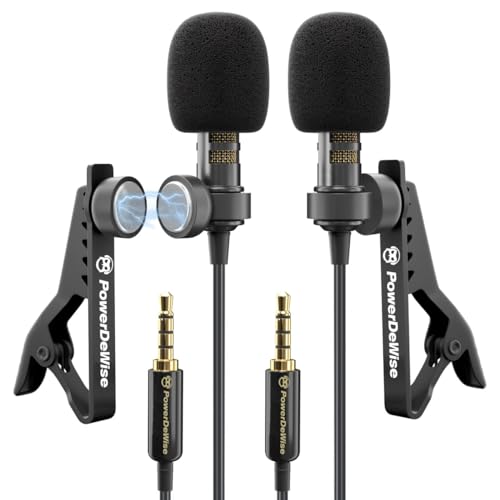 PowerDeWise Professional Grade 2 Lavalier Clip-On Microphones Set for Dual Interview - Double Lav Lapel Microphone - Use for iPhone Phone Camera - Blogging Video Recording Noise Cancelling 3.5mm Mic - Image 1