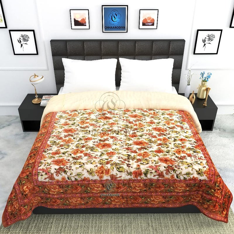 Lilfly Rajasthani Light Weight Single Bed Soft Jaipuri AC Quilt/Razai Designer Beige mughal Floral Cotton Quilts Blankets for Home (Size 55X85 inch) - Image 3
