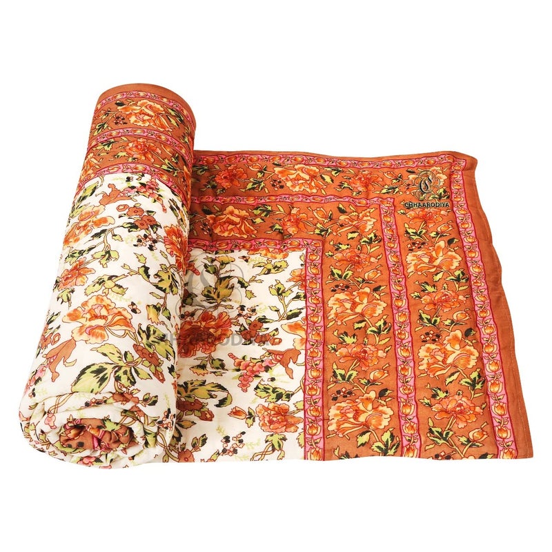 Lilfly Rajasthani Light Weight Single Bed Soft Jaipuri AC Quilt/Razai Designer Beige mughal Floral Cotton Quilts Blankets for Home (Size 55X85 inch) - Image 1