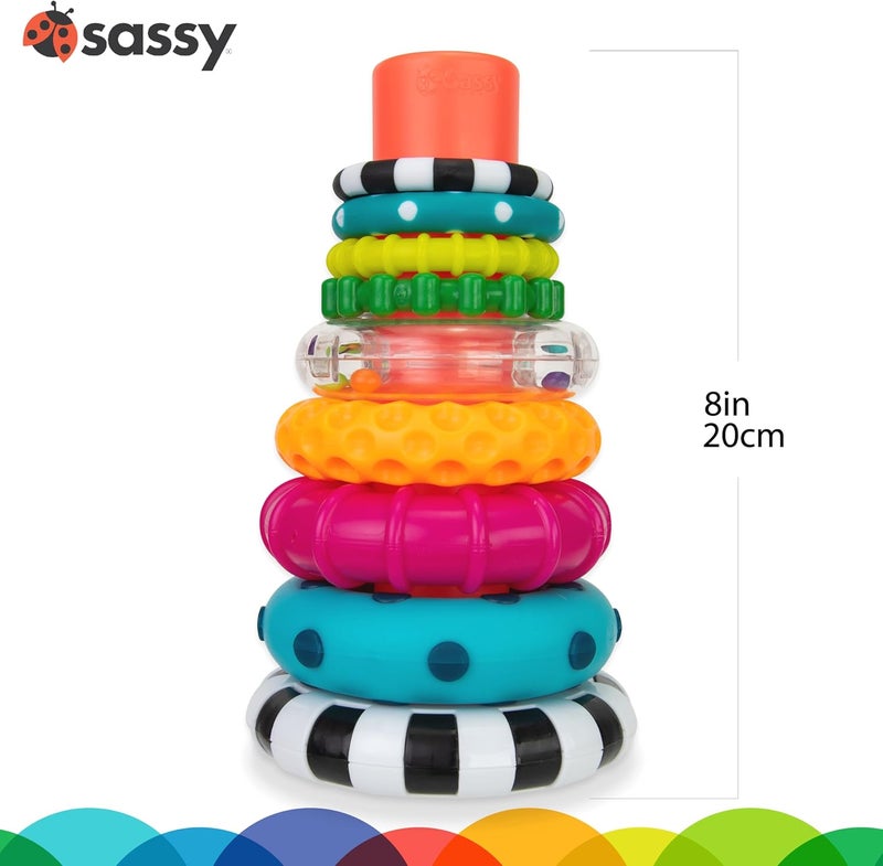 ساسي Sassy Stacks of Circles حلقة تكديس لعبة تعليمية STEM، العمر 6+ أشهر، متعدد، مجموعة 9 قطع - Image 4