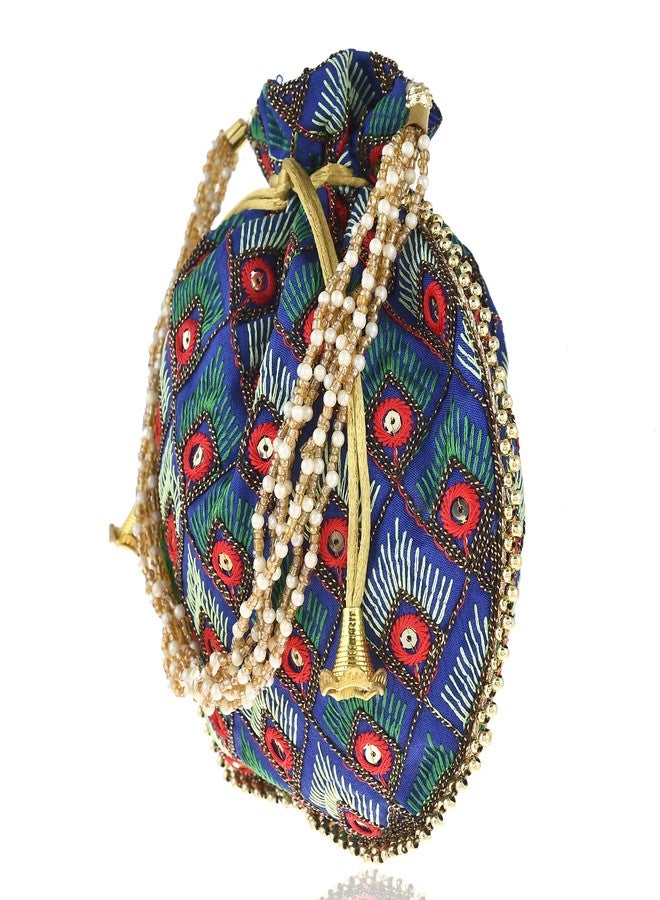 STLYZ Potli Bag For Women, Handmade Traditional Embroidered Potli Handbag Wristlets Ethnic Bridal Potli Batwa Bag For Ladies For Wedding, Return Gifts (Royal Blue) - Image 5