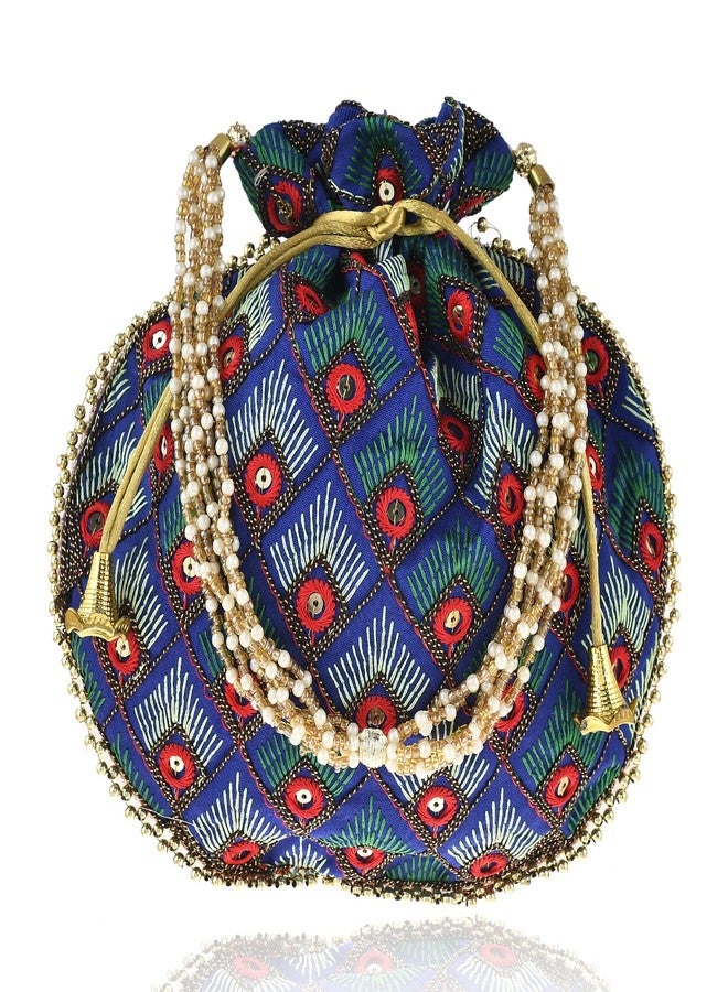 STLYZ Potli Bag For Women, Handmade Traditional Embroidered Potli Handbag Wristlets Ethnic Bridal Potli Batwa Bag For Ladies For Wedding, Return Gifts (Royal Blue) - Image 1