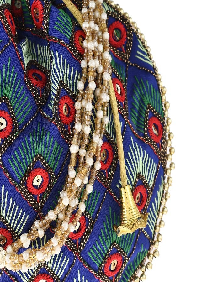 STLYZ Potli Bag For Women, Handmade Traditional Embroidered Potli Handbag Wristlets Ethnic Bridal Potli Batwa Bag For Ladies For Wedding, Return Gifts (Royal Blue) - Image 3