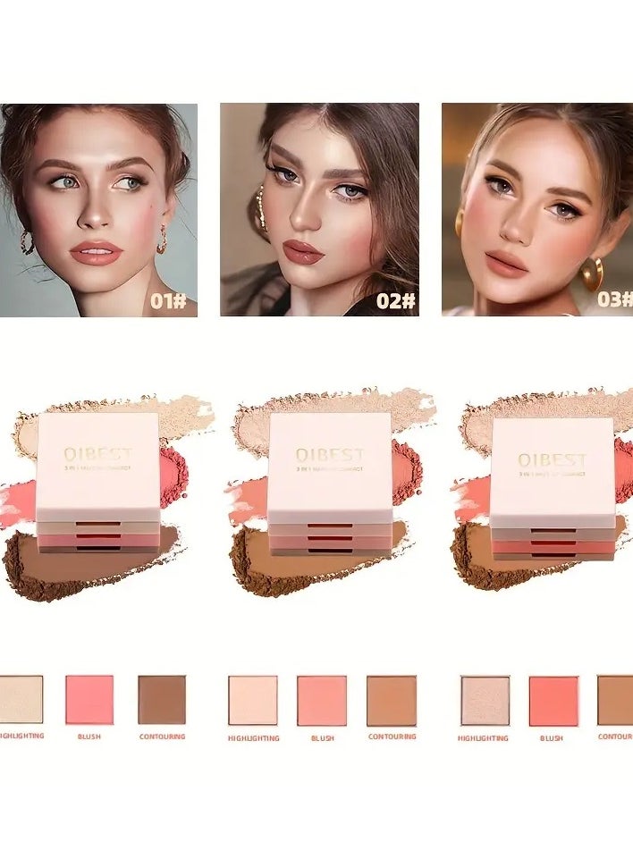 QiBest - 3 IN 1 Face Makeup Compact, Contour Blush Highlighter Palette, Versatile, Colors To Create A Unique Makeup Look Contain Plant Squalane - Image 1