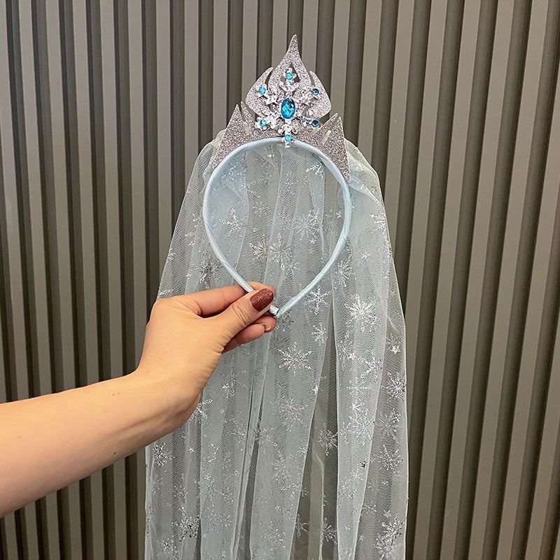 Generic Ice and Snow Princess Hair Accessories Magic Wand Set Girl Accessories Long Veil Crown Hair Band Birthday Gift Childrens Headwear Lake blue hairband a price
