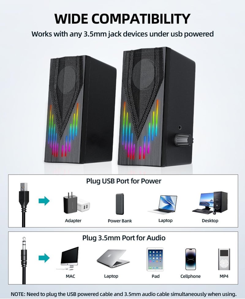 Uakinat Computer Speakers with 6 Colorful RGB Lights,USB Powered 3.5mm Aux with Loud Stereo Sound,Headphone-in for Desktop,PC/Laptop/Tablet Phone - Image 5