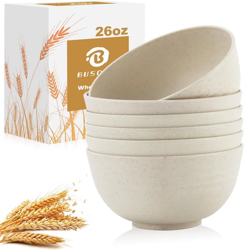 BUSOKIP Soup Bowls 26oz, Wheat Straw Bowls Set of 6, Unbreakable Cereal & Popcorn Bowls, Microwave & Dishwasher Safe Prep Bowl for Outdoor, Picnic, Hiking, Beach - Beige - Image 1