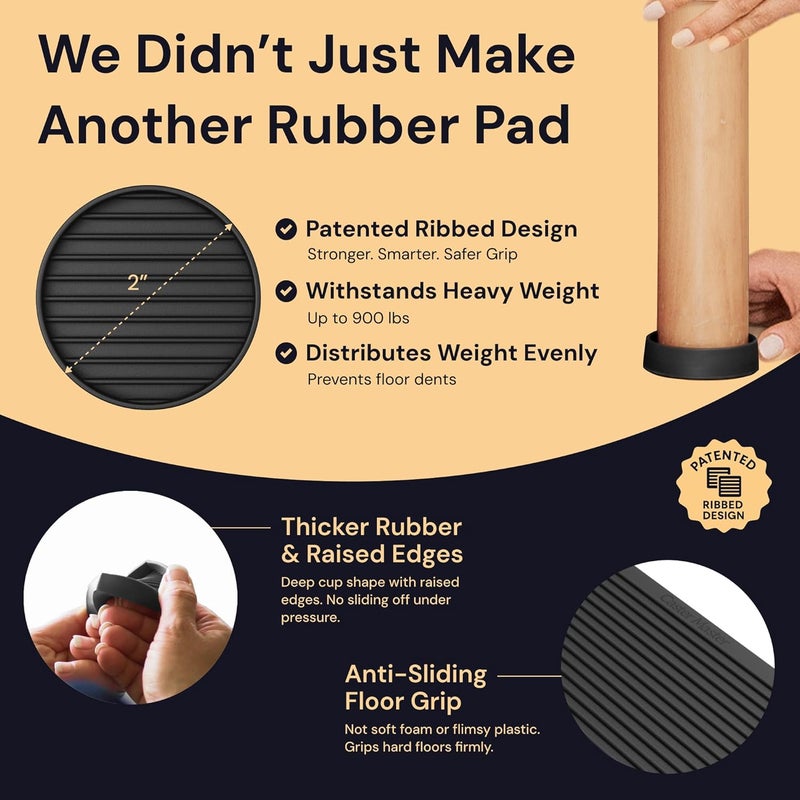CasterMaster Rubber Furniture Feet Caster Cups for Hardwood Floors - 2 in x 2 in Black Round (4-Pack) - Non-Slip Foot Pads & Sofa Grips - Image 2