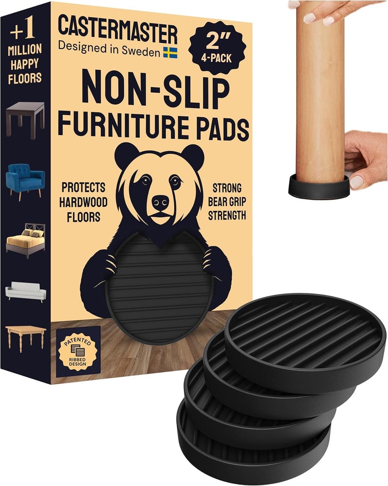 CasterMaster Rubber Furniture Feet Caster Cups for Hardwood Floors - 2 in x 2 in Black Round (4-Pack) - Non-Slip Foot Pads & Sofa Grips - Image 1