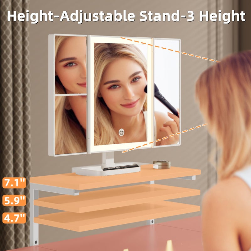 HIGDBFE Small Makeup Vanity Desk 27.5''W with Mirror and Lights, Vanity Desk with 3 Fabric Drawers and Height-Adjustable Stand, Vanity Table for Girls Gifts, Bedroom and Small Spaces, Pink - Image 4